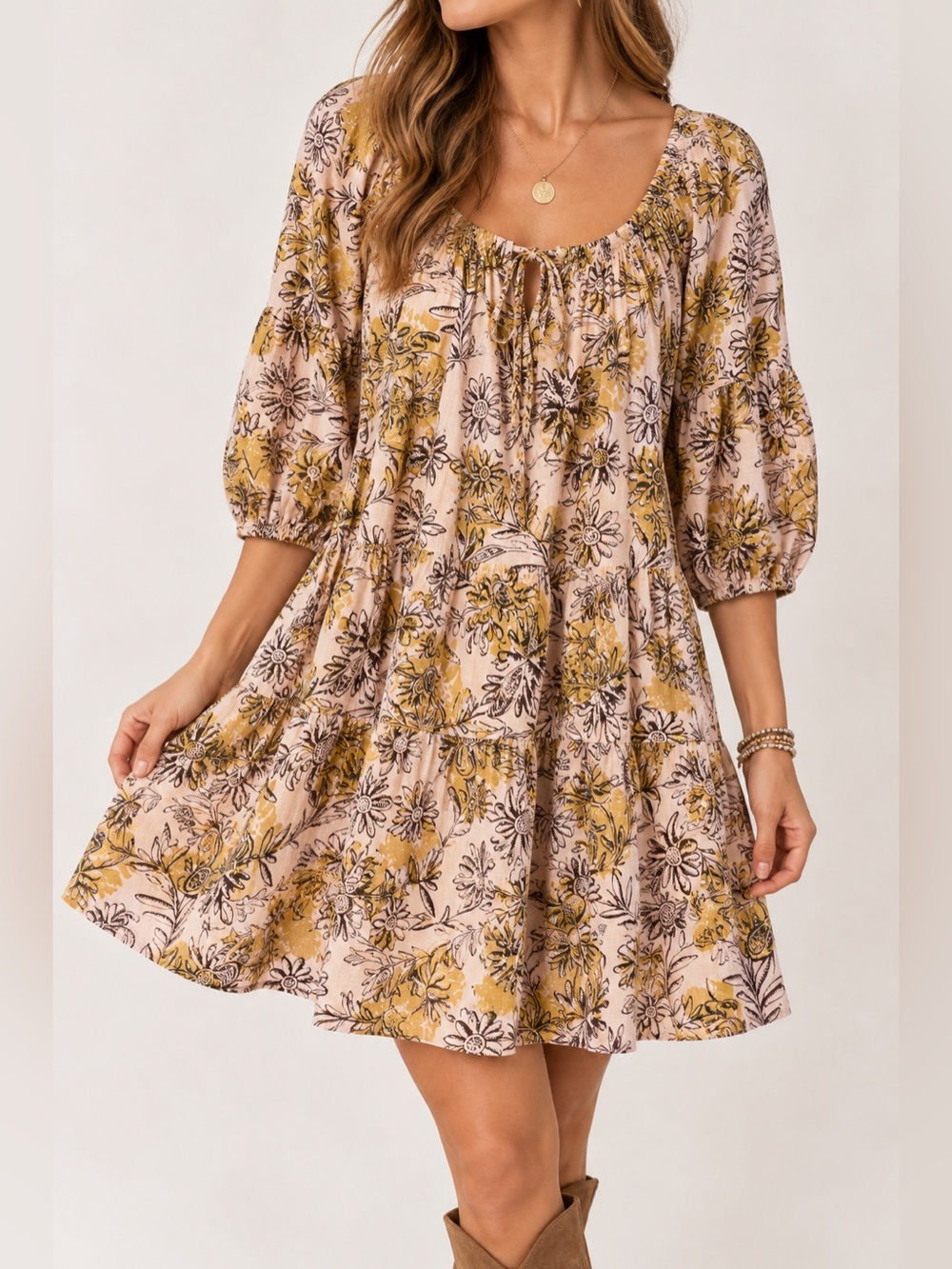 Daily Practice by Anthropologie XS Floral Tunic Dress – Mustard Yellow Boho
